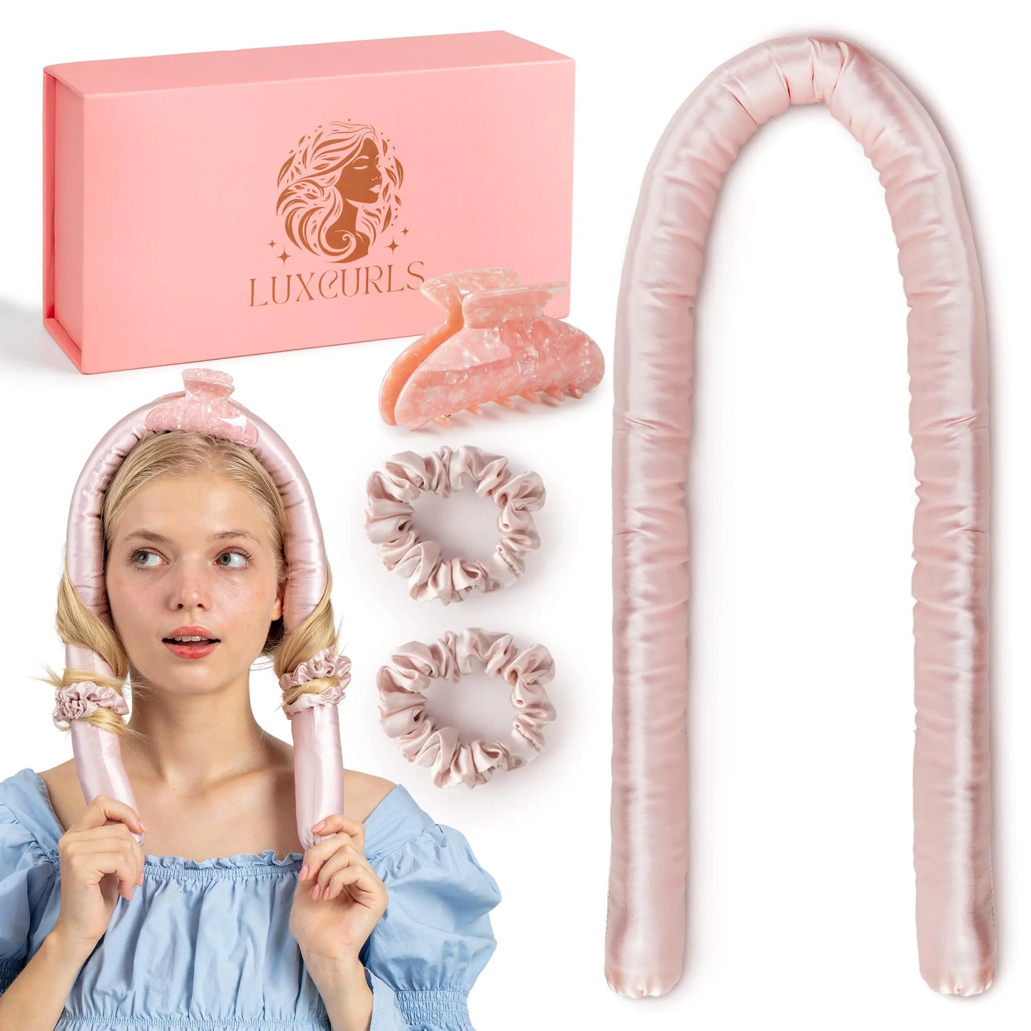 Heatless Hair Curler Set - Silk Curling Rods with Scrunchies & Claw Clip for No-Heat Curls