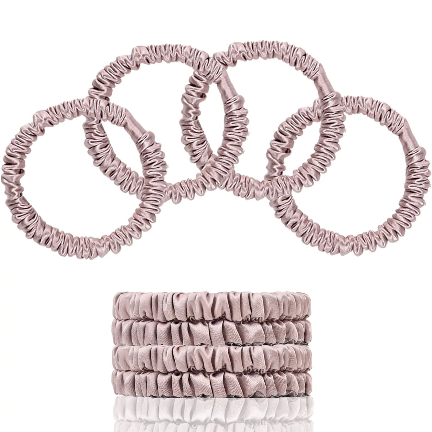 SEMRUE 22 Momme 100% Pure Mulberry Silk Scrunchies (4 PCS) - Small Hair Elastics and Ties for Women Sleep Hair Care No Damage Lotus Pink