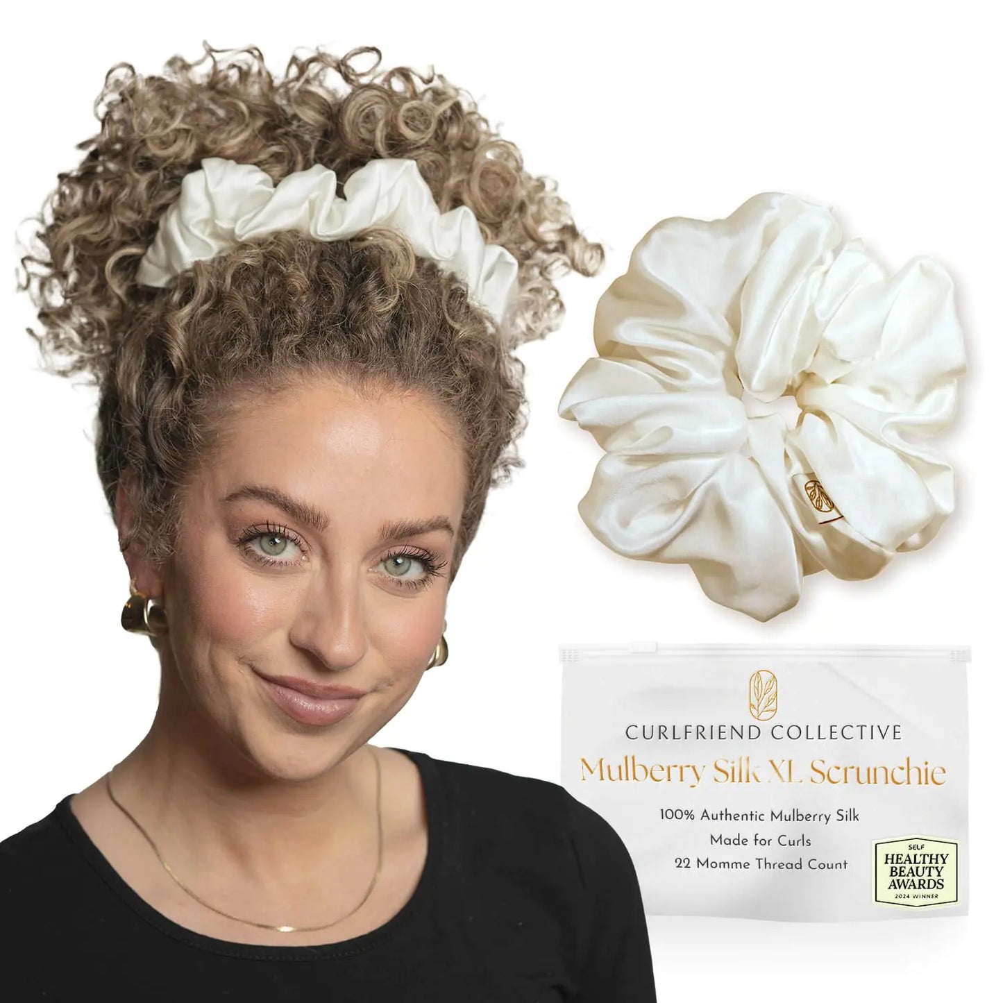 Authentic Mulberry Silk Extra Large Scrunchies for Women Anti Breakage Hair Ties for Curly Thick & Thin Hair No Frizz Dent & Pull 100% Silk Scrunchie for Buns Sleep & Ponytail White Color - XL
