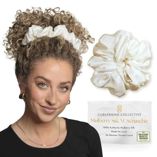 Authentic Mulberry Silk Extra Large Scrunchies for Women Anti Breakage Hair Ties for Curly Thick & Thin Hair No Frizz Dent & Pull 100% Silk Scrunchie for Buns Sleep & Ponytail White Color - XL